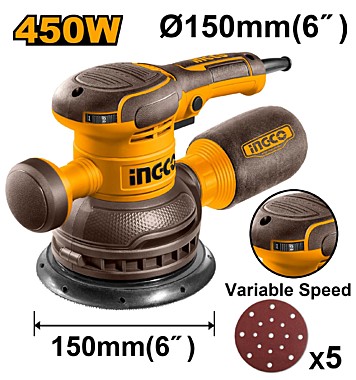 Шлифмашина эксцентриковая 450Вт 150мм рег.обор. SUPER INGCO RS4516 INDUSTRIAL