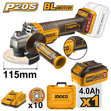 УШМ INGCO d115мм 3000-9000 об 1000W Б/Щ аккумулятор 20В АКБ 1*4.Ah+з/у INDUSTRIAL CAGLI2111561