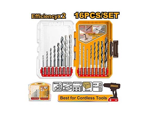 Набор сверл INGCO INDUSTRIAL 16шт металл2-8мм/бетон 4-10мм/дерево 4-10мм (1/12)