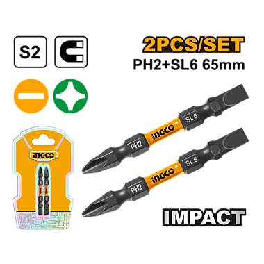 Набор ударных бит для шуруповерта IMPACT INGCO SDBIM72HL665 INDUSTRIAL PH2+SL6x65 мм 2 шт.