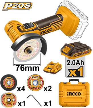 УШМ INGCO  d76мм аккумуляторная 20В, АКБ 2.0, З/У, кейс, SUPER. INDUSTRIAL CAGLI76012