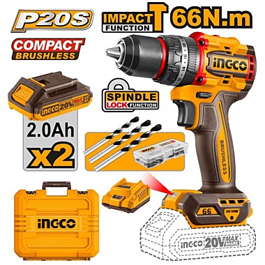 Шуруповерт INGCO CIDLI20668 ударный бесщеточный Li-Ion 20.0 В, 2.0 Ah. 2 АКБ 66 Нм INDUSTRIAL NEW